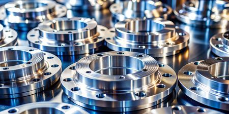 Batch of precision-machined metal flanges with bolt-hole patterns