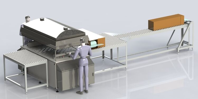 Concept rendering of an automated packaging and sealing station with operator