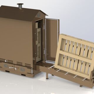 3D model of a custom wood smoker system with automated rack loader