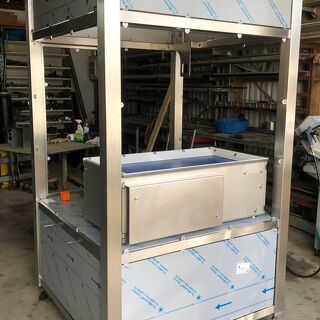 Stainless steel frame structure for industrial processing equipment under assembly