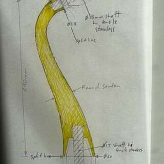 Hand-drawn concept sketch of a curved stainless steel mechanical arm design